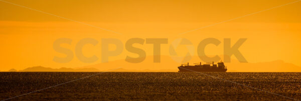 An incoming container ship passes Whakapunake, Hawke’s Bay, New Zealand - SCP Stock