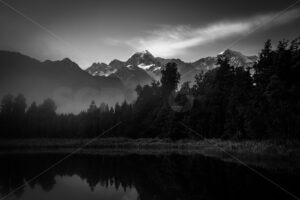 Lake Matheson in the morning, Fox Glacier, South Westland (B&W) - SCP Stock