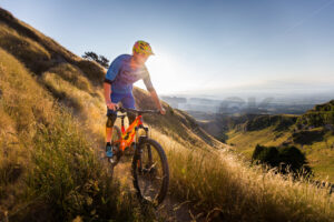 Mountain Biking at golden hour on Te Mata Peak, Hawkes Bay, New Zealand - SCP Stock