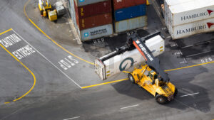 Moving shipping containers at Napier Port, Napier,  Hawke’s Bay, New Zealand - SCP Stock