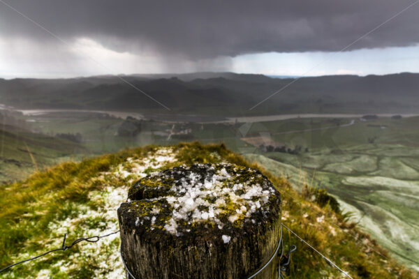 Snow on a fence post, Te Mata Peak, Hawke’s Bay, New Zealand - SCP Stock