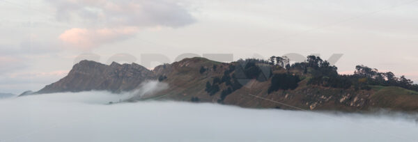 Te Mata Peak rising above the early morning clouds, Havelock North, Hawke’s Bay, New Zealand - SCP Stock