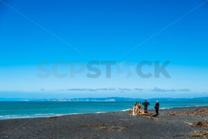 Two ladies on the Marine Parade Beach looking at driftwood, Napier, Hawke’s Bay, New Zealand - SCP Stock