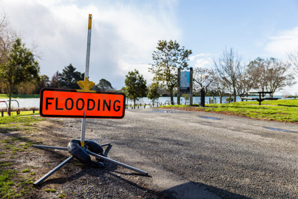 Flooding Sign at the Evers Swindel Reserve, Clive River, Clive, Hastings, Hawke’s Bay, New Zealand - SCP Stock