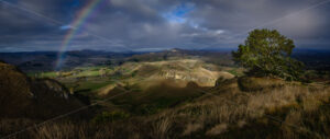 Panoramic view from Te Mata Peak, Hawke’s Bay, after rainfall looking towards the ANZAC Pine Tree, with Mount Erin and Mount Kahuranaki in the distance - SCP Stock