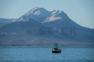 Fishing boat off the Kaikoura Coast, South Island, New Zealand - SCP Stock